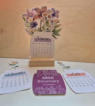 Kwiatowy kalendarz z bukietem w drewnianej podstawce